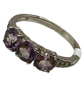 Amethyst Topaz Ring Three-Stone Round Cut Rhodium Sterling Silver Purple W 7 NWT